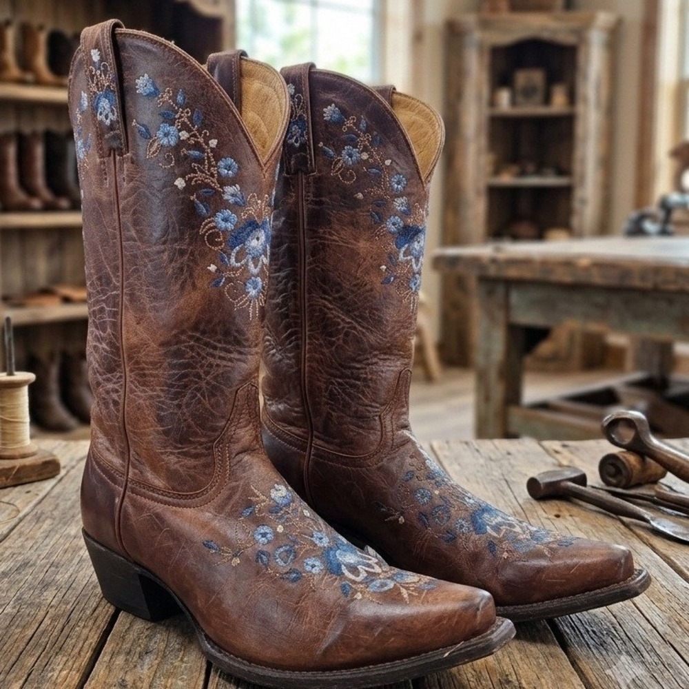 Shyanne Womens Brown Leather Floral Embroidered Snip Toe Western Boots BSWFA20L9